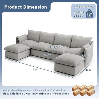 Lopzeho 124" Cloud Modular Sectional Sofa, Waterproof Down Filled Sectional Couch, High Backrest U Shaped 4 Seater Couch with 2 Ottomans, Modern Modular Sofas with Removable Cover, Light Gray
