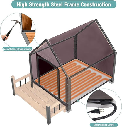 Insulated Dog House with Heating Pad, Weatherproof Outdoor Kennel for Large Dogs, Chew-Resistant Iron Frame & Asphalt Roof (Wood-H, XL)