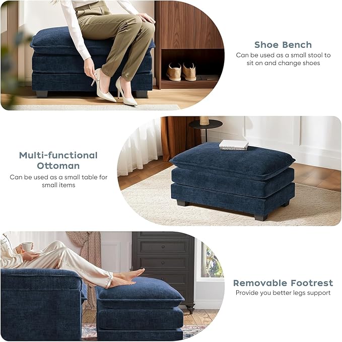 SweetGO corporation 40" Chenille Lounge Chair for Reading, Modern Couch Cozy Sofa Bed, Upholstered Living Room Single Sofa Accent Chair with Ottoman Set of 2, Blue
