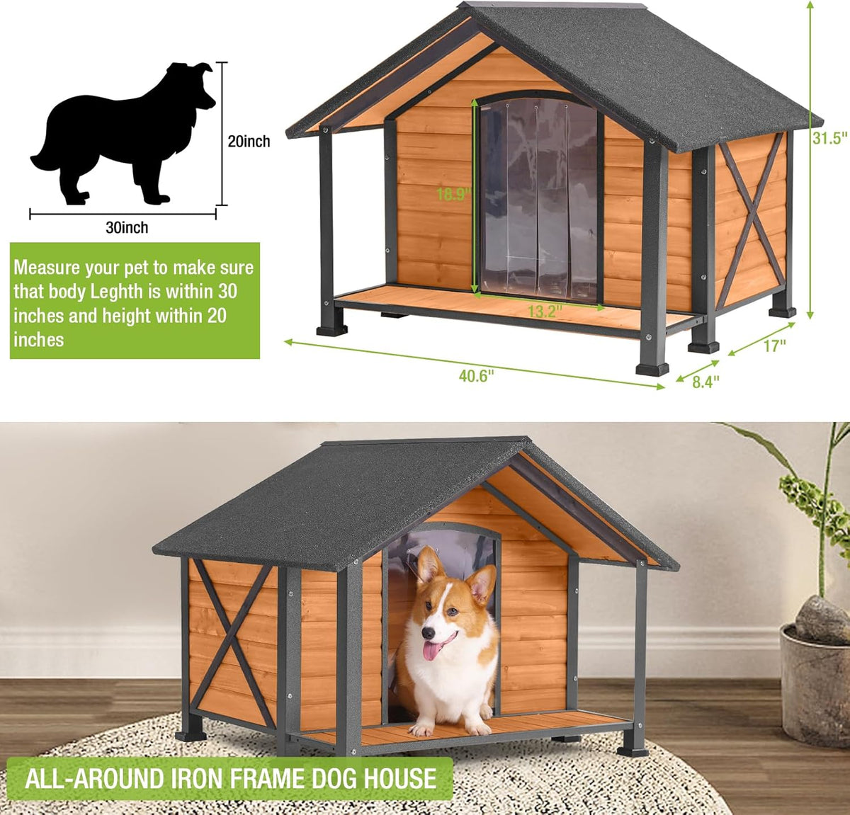 Dog House Outdoor & Indoor Unique All-Around Iron Frame Dog Kennel for Winter with Raised Feet for Small & Medium & Large Dogs,Weatherproof Roof (40.6 “L×34.3”W×31.5“H)