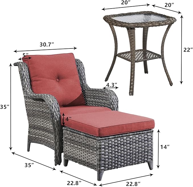 Rilyson Outdoor Patio Furniture Chairs Set - 5 Piece Wicker Rattan Patio Sectional Conversation Sets with 2 Armrest Chairs,2 Ottomans and Side Table for Porch Deck Balcony Garden(Mixed Grey/Red)