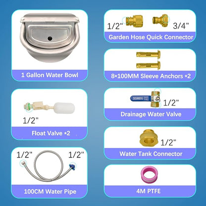 Automatic Dog Water Dispenser with Drain Hole & Drain Valve, Stainless Steel Auto Dog Water Bowl with 2 Float Valves, Hose Quick Connect Fitting, for Livestock, Chicken, Horse (1 Gallon)