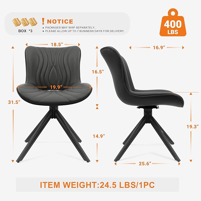 VATROS Dining Chairs Set of 6, 360° Swivel Upholstered Mid-Century Modern Kitchen Dining Room Chairs, Armless Faux Leather Accent Side Chair with Padded Back, Metal Legs for Living Room,Black