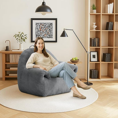 Peace nest Bean Bag Chair with Memory Foam Filled Ultra Soft Corduroy Cover for Adults Comfy Fur Bean Bag Chairs with Armrests for Bedroom Living Room Office Dorm Reading Grey