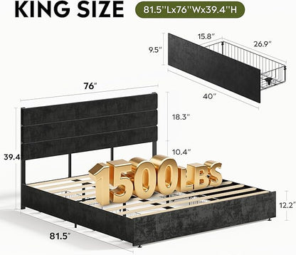 WLIVE King Size Upholstered Bed Frame with 4 Drawers and Velvet Square Tufted Headboard, Sturdy Metal & Wooden Slats Support, No Box Spring Needed, Easy Assembly, Black