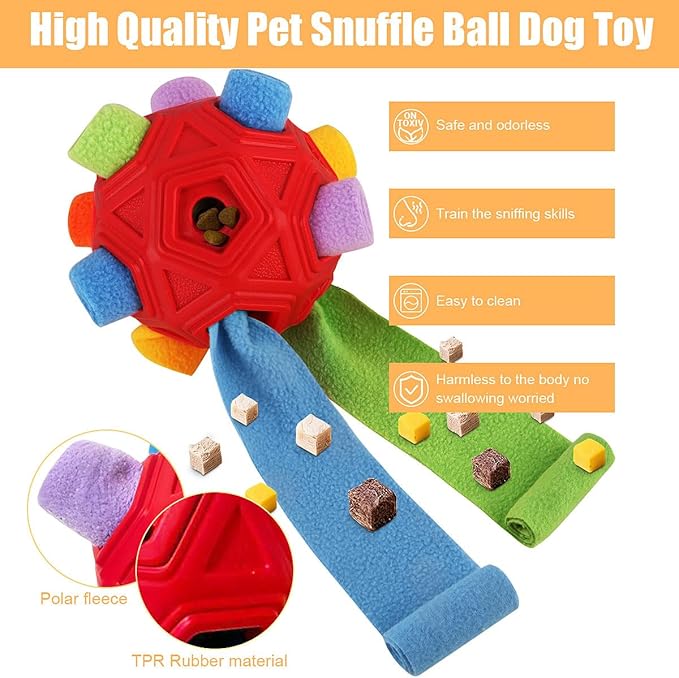 Dog Snuffle Ball-Interactive Puzzle Dog Toys Encourage Natural Foraging Skills Slow Feeder for Training and Stress Relief, Cloth Strip Hiding Food Chew Toys for Any Size Dogs, Machine Washable (Red)