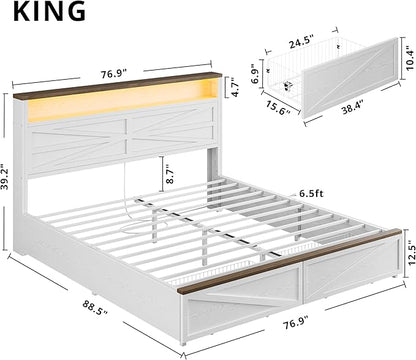 IRONCK Farmhouse King Size Bed Frame with LED Light and Charging Station, Wood Bed Frame with Storage Headboard and 2 Drawers， Barn Door Design, Sturdy and Noiseless, White