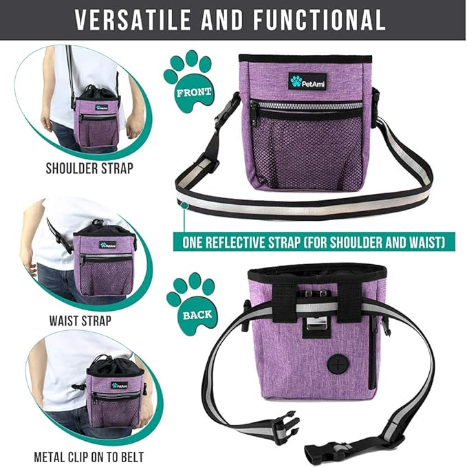 PetAmi Dog Treat Pouch, Pet Treat Pouch for Training, Dog Walking Bag Holder for Kibbles, Pet Food Toy, Dog Trainer Essentials Supplies, Poop Bag Dispenser, 3 Ways to Wear (Purple)