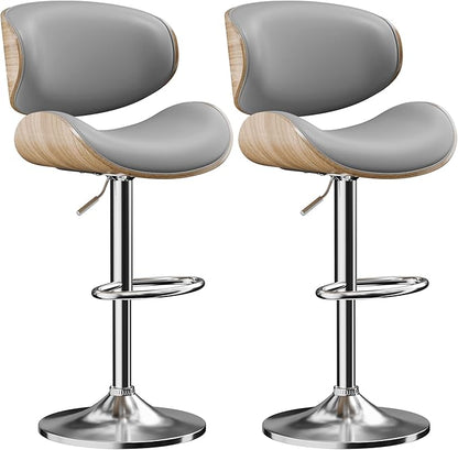 Aowos Bar Stools Set of 2, Adjustable Swivel Leather Bar Stools for Kitchen Island, Mid Century Modern Counter Height Bar Chairs Barstools with Back & Footrest (Grey)