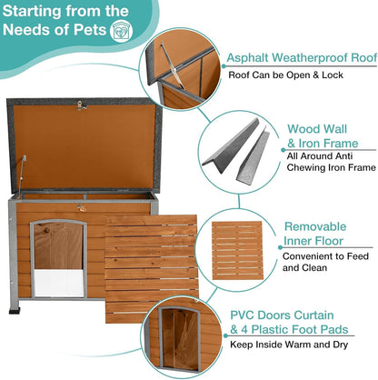 Feral Dog House Outdoor,Anti Bite Iron Frame Dog Kennel,Wood Warm Pets Home,Insulated Weatherproof Outside Shelter for Feral Animal (33.5"(L)×22"(W)×25.2"(H)-Brown-in)