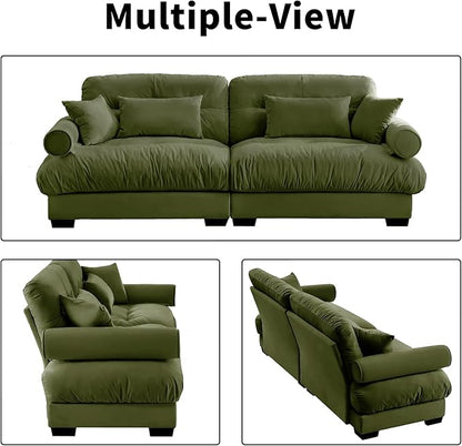93.7” Loveseat Sofa, 2 Seater Modular Sectional Sofa, Olive Large Sectional Couches for Living Room, Fluffy Couch Set, Love Seat, Velvet Cloud Couch with 4 Pillows, Deep Seat Sofas for Living Room