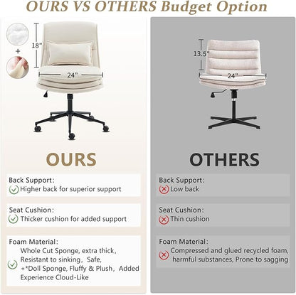 VINGLI Cloud Criss Cross Legged Chair,18" High Back Armless Home Office Desk Chair with Wheels,Wide Adjustable Comfy Padded Seat Task Computer Chair,Modern Swivel Makeup Vanity Chair,Microfiber,Beige