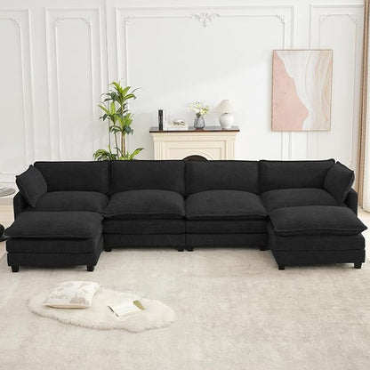 ROWHY Oversized Modular Sectional Couch with 2 Movable Ottoman, 148" Modern Convertible U Shaped Sofa Set, 4 Seat Comfy Cloud Couch with 2 Throw Pillows, for Living Room, Chenille, Black