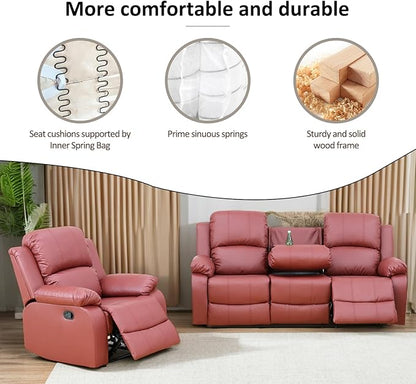 A Ainehome Living Room Furniture Set Leather Recliner Sofa Set Loveseat Chair Furniture Sofa Set for Living Room/Small Space/Rv/House/Office/Theater Seating (A-Red Leather, Sofa+Chairs)