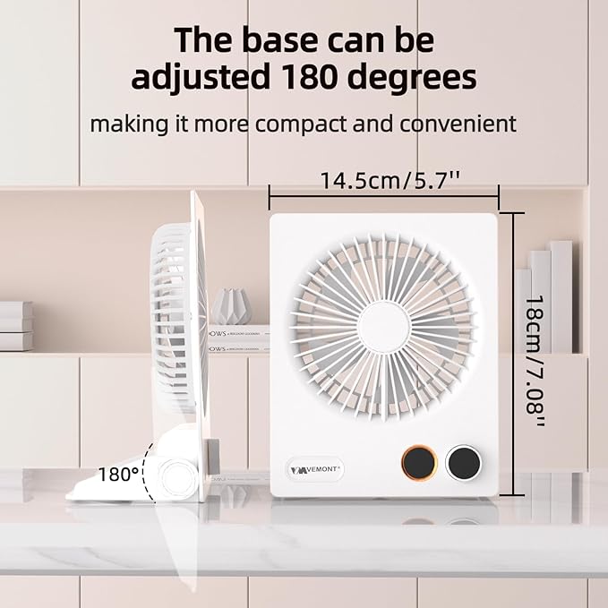 VEMONT 180°Foldable Portable Personal Fan Built-in 5000mAh Rechargeable Battery