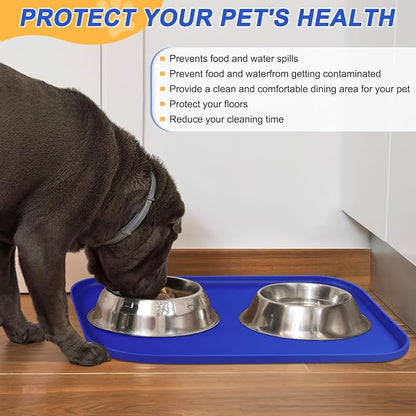 SMILOOL Waterproof Silicone Pet Food Mat with Raised Edge for Dog & Cat | 24" x 16" Non-Slip Pet Feeding Mats with Lip for Food & Water Bowl, Food Grade, Easy Cleaning, Navy Blue