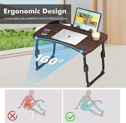 Lap Desk for Bed Adjustable Height, Foldable Bed Table with Storage Drawer, Tablet Slot & Cup Holder, Portable Laptop Stand for Bed & Sofa, Bed Desk for Adults & Kids, Walnut