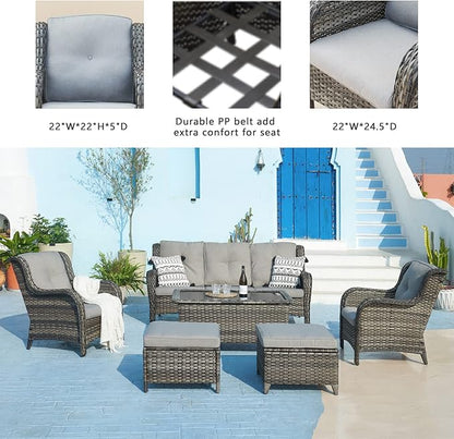 Rilyson Outdoor Patio Wicker Furniture Set - 5 Piece Rattan Patio Conversation Sectional Sofa Set with 1 Couch,2 Armchairs,2 Ottomans for Porch Deck Garden(Mixed Grey/Grey)