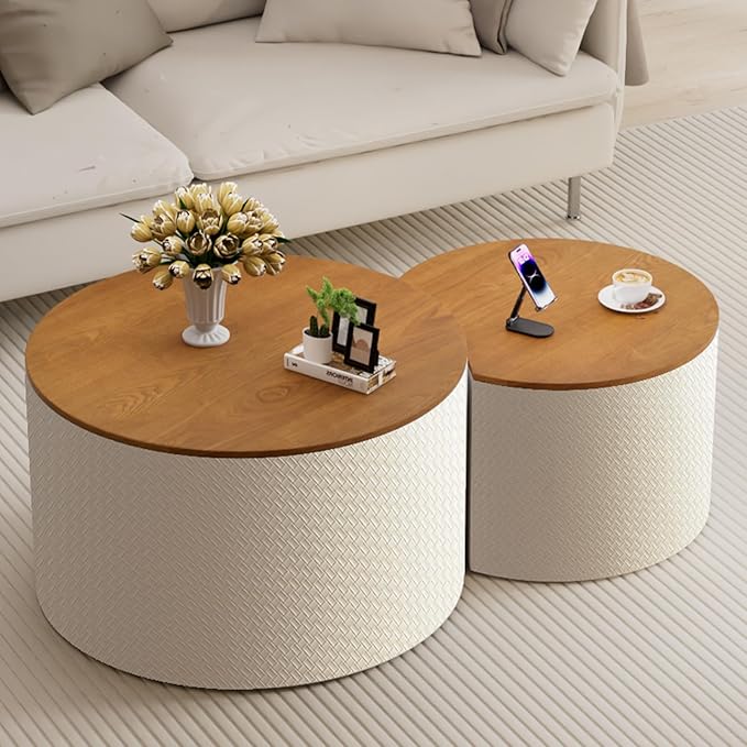 Round Nesting Coffee Table Set of 2, Round Fluted Coffee Tables with Storage for Living Room Leather Veneer Modern Nesting End Side Tables for Small Spaces (A Storage White)