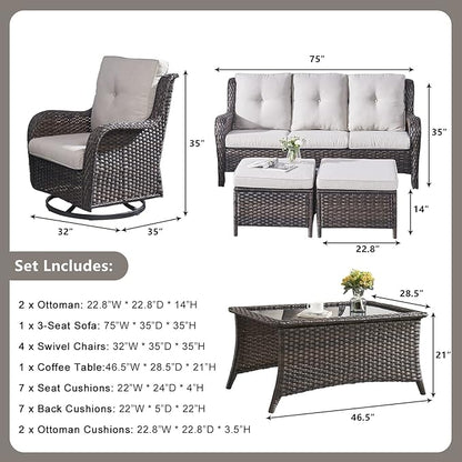 Rilyson Wicker Patio Furniture Set - 8 Piece Rattan Outdoor Sectional Conversation Sets with 4 Swivel Rocking Chairs,2 Ottomans,1 Sofa and 1 Coffee Table for Porch Deck Garden(Brown/Beige)
