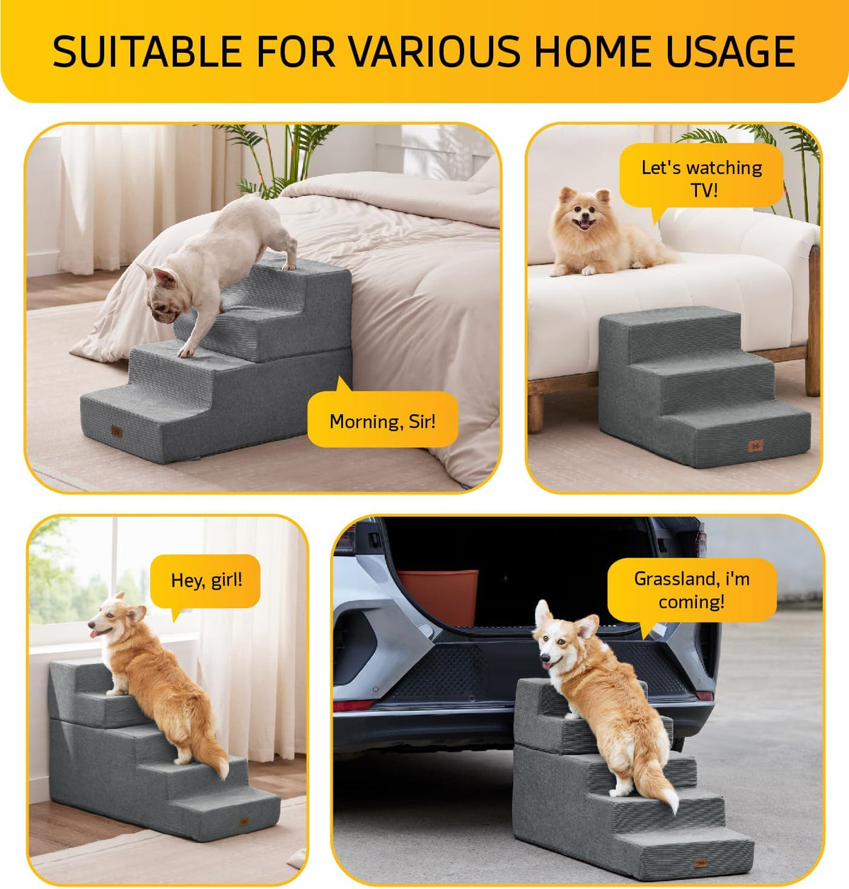 Dog Stairs for High Bed, Dog Steps for Bed Couch Sofa, 35D Foam Extra Wide Pet Steps for Small Dogs and Cats, Pet Stairs with Non-Slip Bottom Grey, 5 Steps