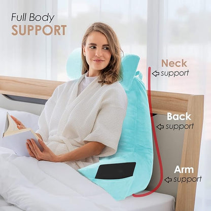 Nestl Reading Pillow with Shredded Memory Foam Includes 2 Neck and Lumber Support Pillows, Designed for Sitting Up in Bed and Couch, Back and Arms Adjustable Support for Adult & Teens, Light Blue