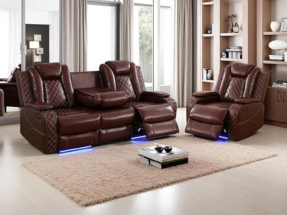 Dekmxas 2-Piece Power Recliner Sofa Set, Living Room Furniture Sets, Brown Leather Power Reclining Sofa Set with 3 Recliner Seats/Storage Console/Cup Holder/LED Light for Home/RV/Bedroom/Living Room