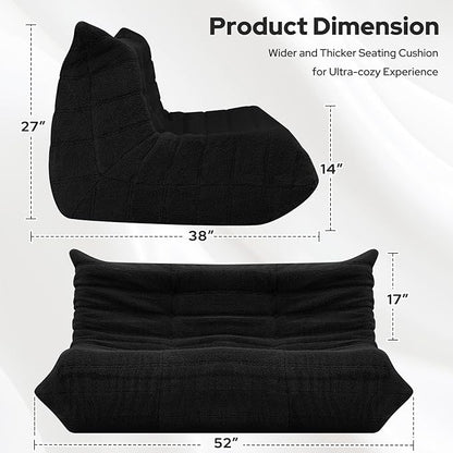 HABUTWAY Bean Bag Chairs Fireside Lazy Floor Sofa, Soft Teddy Fleece 2 Seater Sofa with High-Resilience Foam Filling，Beanbag for Living Room, Bedroom, Office (Black Teddy)