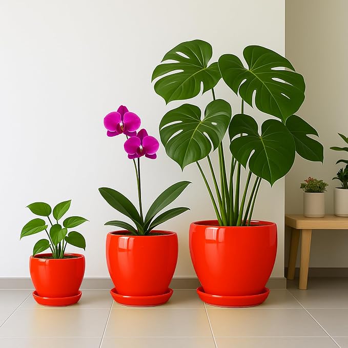 Deep Dream 8 Inch Plant Pots- Ceramic Pots for Plants with Drainage Hole and Saucer, Large Planter Pot for Indoor Plants Outdoor Decor, Red