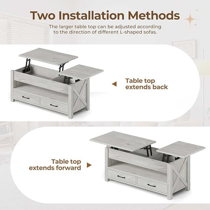 Seventable Coffee Table, 39.3" Lift Top Coffee Table with 2 Storage Drawers and Hidden Compartment, Retro Center Table with Wooden Lift Tabletop for Living Room, Gray