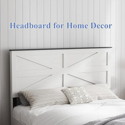 Wooden Bed Frame Queen Size with Headboard, Farmhouse Platform Bedframe with Wood Slat Support, Sturdy Framework Bed Frame, Easy Assembly (Rustic White)