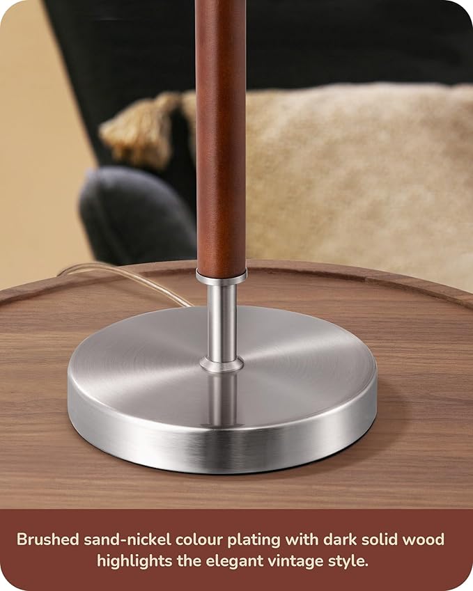 EDISHINE Mid Century Table Lamp, Solid Wood and Metal Bedside Lamp with Pull Chain Switch & Beige Linen Shade, Retro Nightstand Lamp for Bedroom Living Room End Table, E26 Base