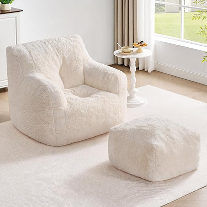 ONBRILL Giant Bean Bag Chairs for Adults with Ottoman, Faux Fur Boneless Chaise Couch Filler with Memory Foam,Large BeanBag Lounge Lazy Floor Sofa Accent Chair for Living Room,Bedroom & Game Rooms