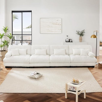 173.2" Oversized Couch, 4 Seater Modular Sectional Sofa, White Sectional Fluffy Couch Set, Chenille Cloud Couch with 6 Pillows, Deep Seat Sofas for Living Room