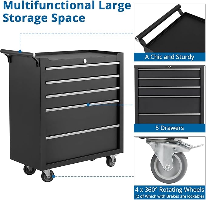 IDEALHOUSE Rolling Tool Chest, 5 Drawers Tool Storage Cabinet, Toolbox