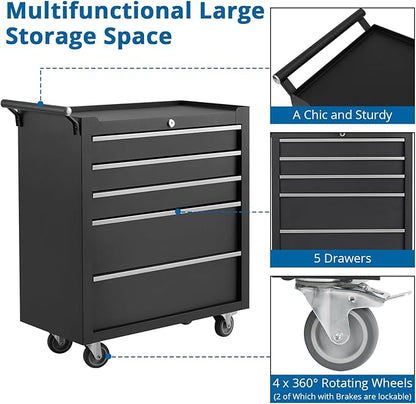 IDEALHOUSE Rolling Tool Chest, 5 Drawers Tool Storage Cabinet, Toolbox