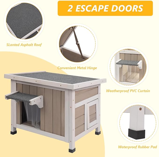 Insulated 22.44" L Cat House,All-Round Foam Feral Cat Shelter for Winter Cats,Outdoor Weatherproof Cat Enclosure with Asphalt Roof & 2 Escape Doors for Winter Small Cats,Grey