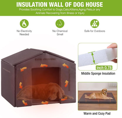 Dog House Outdoor Large Insulated Dog Kennel with Liner for Winter Waterproof Dog Cage for Small & Medium & Large Dogs,Unique All-Around Iron Frame