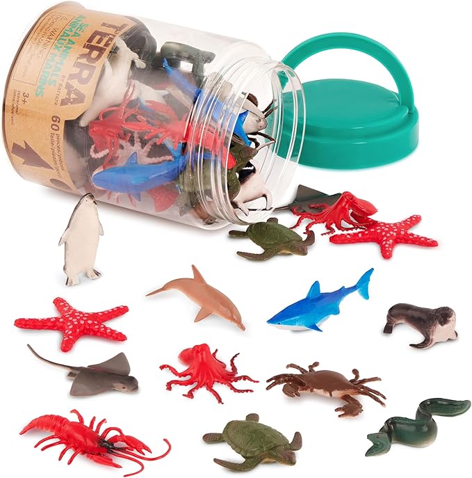 Terra by Battat – 60 Pieces Ocean Animal Figurines – Realistic Mini Sea Animal Toys – Sharks, Dolphins, Penguins, Turtles, Crabs & Starfish for Toddlers & 3+ Years