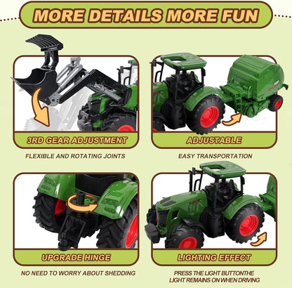 Farm Tractor Toys Set Bale Haying Round Baler with Barn Farmer,Cow,Farm Tools,Tree Farm Tractor Pla yset for Kids Toddler Boys Girls Ages 3-7 Years