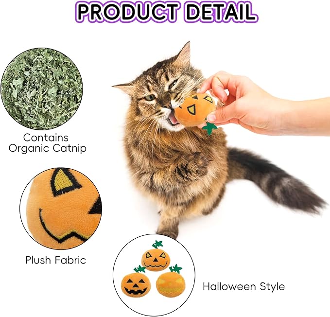 6pcs Halloween Pumpkin Catnip Toy，Hallowen Indoor Pumpkin Shaped Cat Toy Plush Interactive Chew Bite Toys for Cat Kitten Indoor Festive Holiday Cat Lover Gift