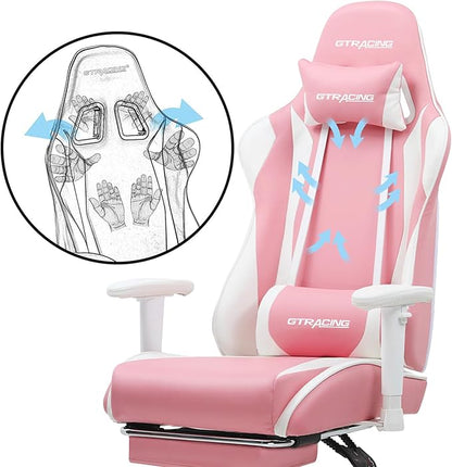 GTPLAYER Gaming Chair with Footrest, Ergonomic Computer Game Desk Chair, Reclining Game Chair Seat Height Adjustment, Swivel Rocker with Headrest and Lumbar (Pink)