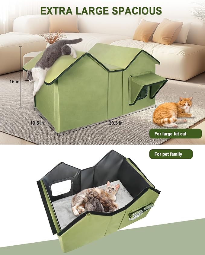Extra Wide Large Cat Houses for Outdoor Cats Weatherproof, Elevated Waterproof Outdoor Cat House, Outside Stray Cat Shelter for Multiple Cats Small Dogs (Green, Unheated)