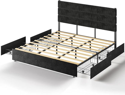 WLIVE King Size Upholstered Bed Frame with 4 Drawers and Velvet Square Tufted Headboard, Sturdy Metal & Wooden Slats Support, No Box Spring Needed, Easy Assembly, Black
