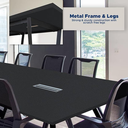 ahliss Sturdy Conference Table with Cable Management Grommets Modern Rectangle Office Meeting Table with Wood Tabletop and Metal Frame & Legs- Easy Assembly Boardroom Table (Black, 8 Foot)