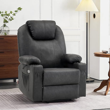 MCombo Large Power Lift Recliner Chair for Elderly, Lift Chair with Heat and Massage for Tall People, Extended Footrest, USB & Type C Ports, Cup Holders, Faux Leather 7516 (Large, Grey)