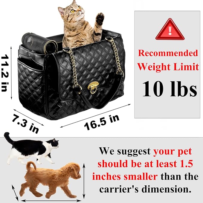 Fashion Dog Purse for Small Dogs with 2 Super-Large Pockets, Holds Up to 10lbs PU Leather Pet Carrier, Cat Carrier, Airline Approved Puppy Purse for Travel (Black, Small Size)