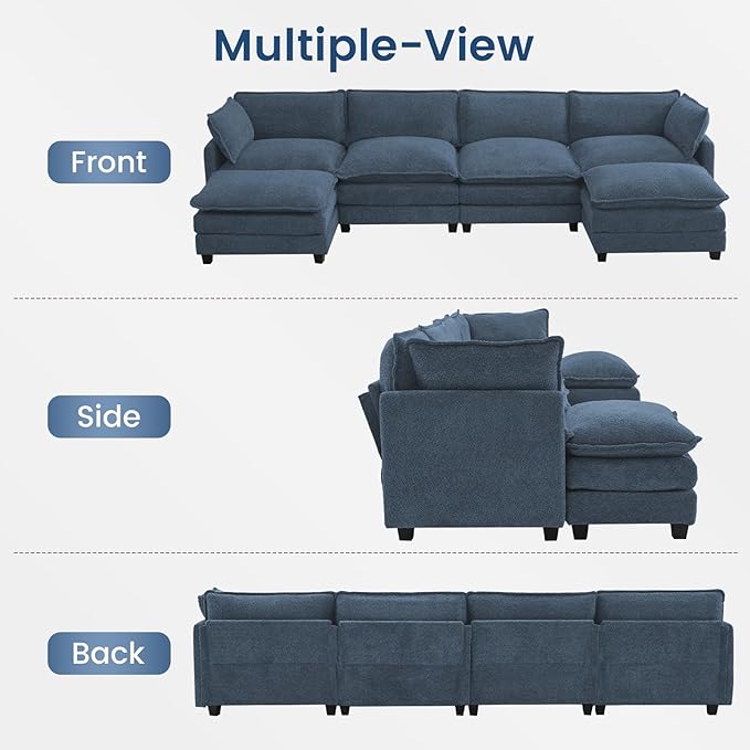 ROWHY Oversized Modular Sectional Couch with 2 Movable Ottoman, 148" Modern Convertible U Shaped Sofa Set, 4 Seat Comfy Cloud Couch with 2 Throw Pillows, for Living Room, Chenille, Royal Blue