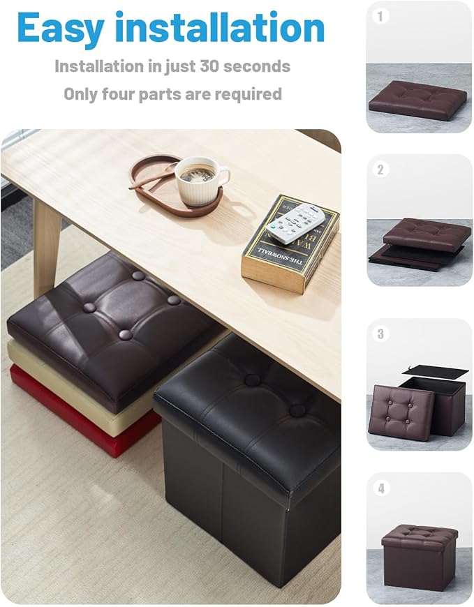 AmasSmile Storage Ottoman Folding Foot Rest Stool with Side Pocket, 16 inch Leather Footstool Bench, Short Ottoman Bench, Storage Foot Rest Store, Books, Brown