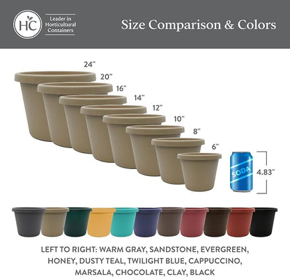 The HC Companies 10 Inch Prima Round Planter Pots with Drainage Holes and Rolled Rim, Lightweight UV-Resistant Plastic Indoor & Outdoor Planters, 2-Pack Flower Pots for Garden & Home Decor, Cappuccino